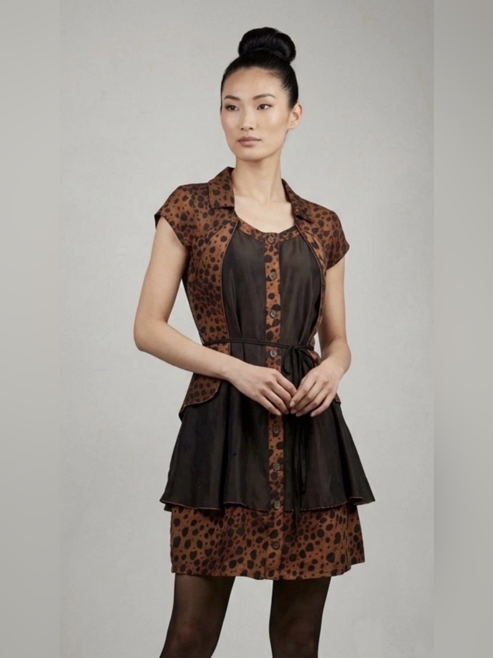 S.M. Yuan Asian Designer Shirt Dress Leopard 100% Silk Small Unique Fashion Art